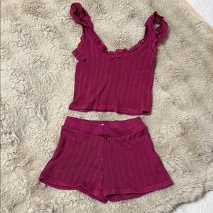 Elegant Lace Trim Pajama Set - Burgundy